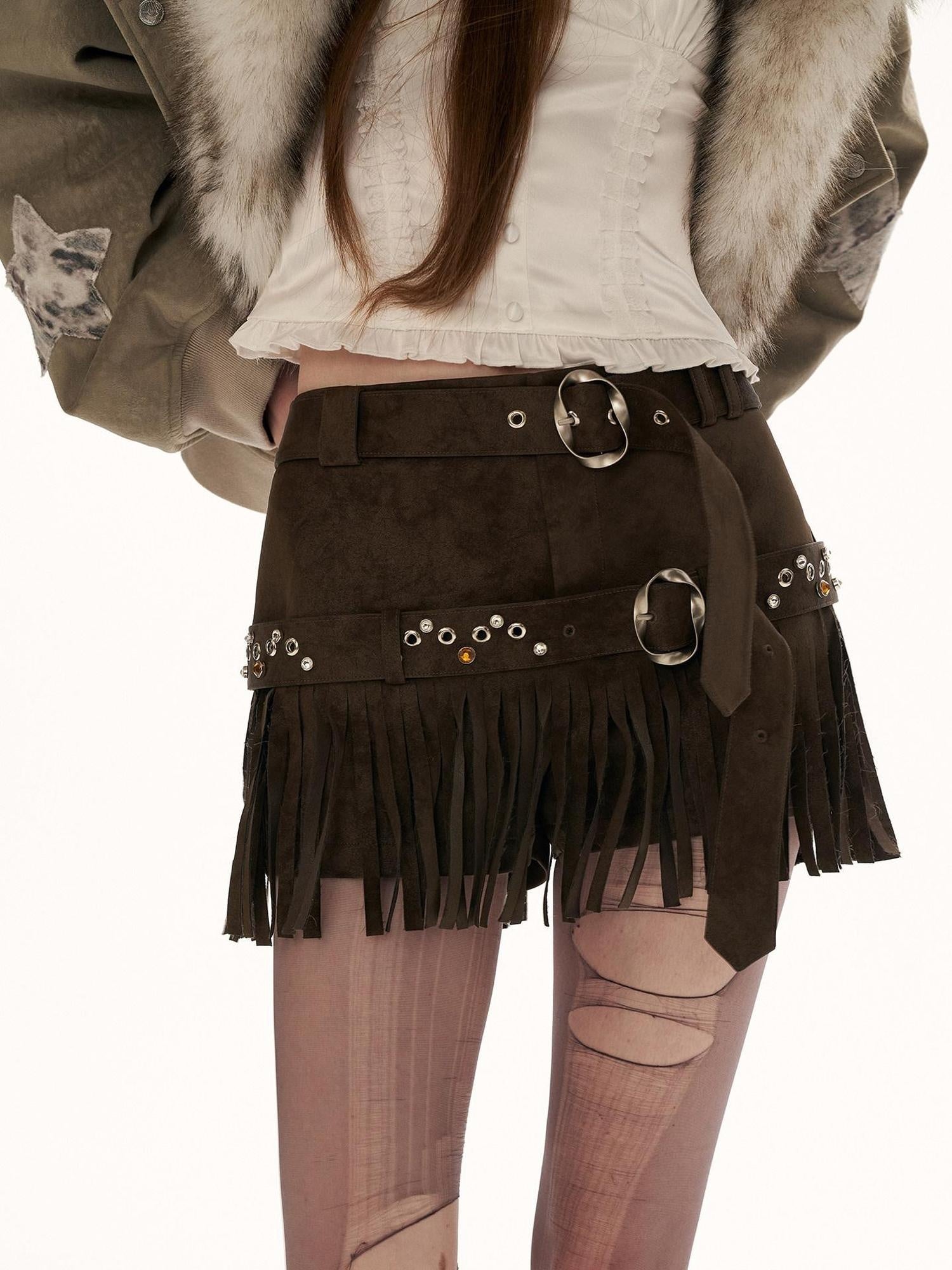 MAMC Fringe Detail Natural Waist Solid Brown Casual Women Straight Mini Shorts