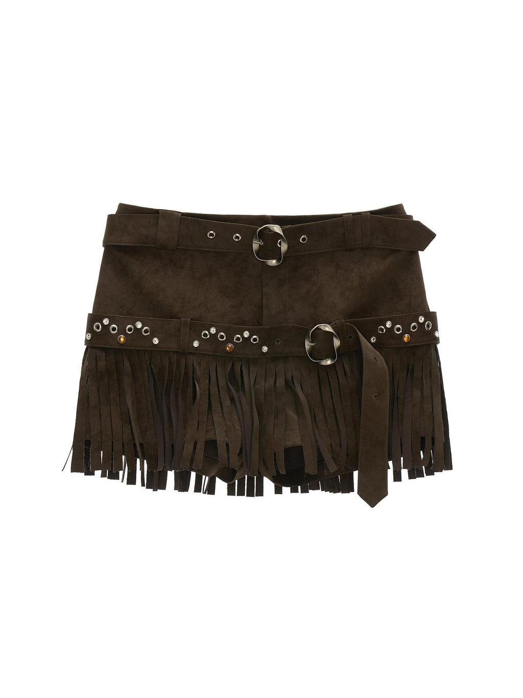 MAMC Fringe Detail Natural Waist Solid Brown Casual Women Straight Mini Shorts