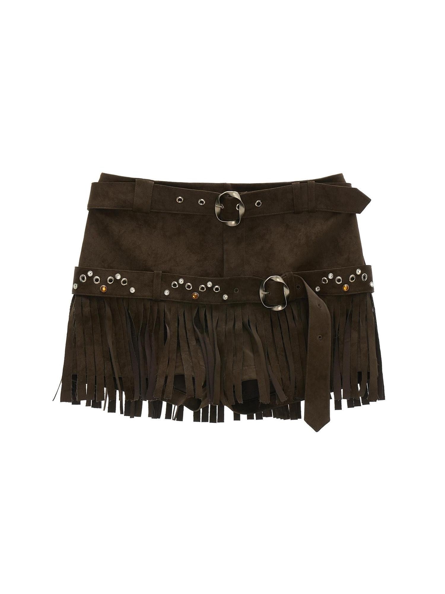 MAMC Fringe Detail Natural Waist Solid Brown Casual Women Straight Mini Shorts