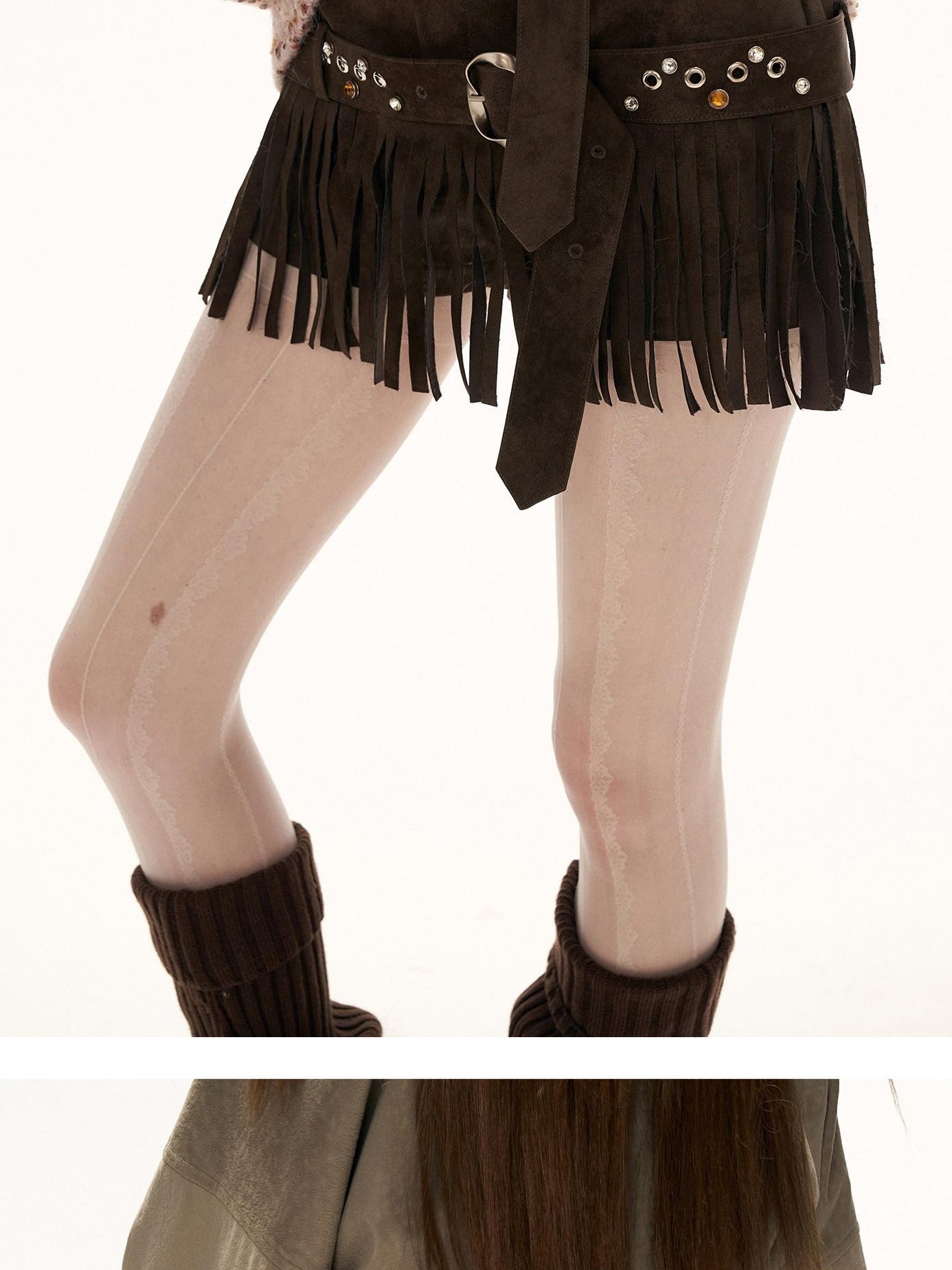 MAMC Fringe Detail Natural Waist Solid Brown Casual Women Straight Mini Shorts