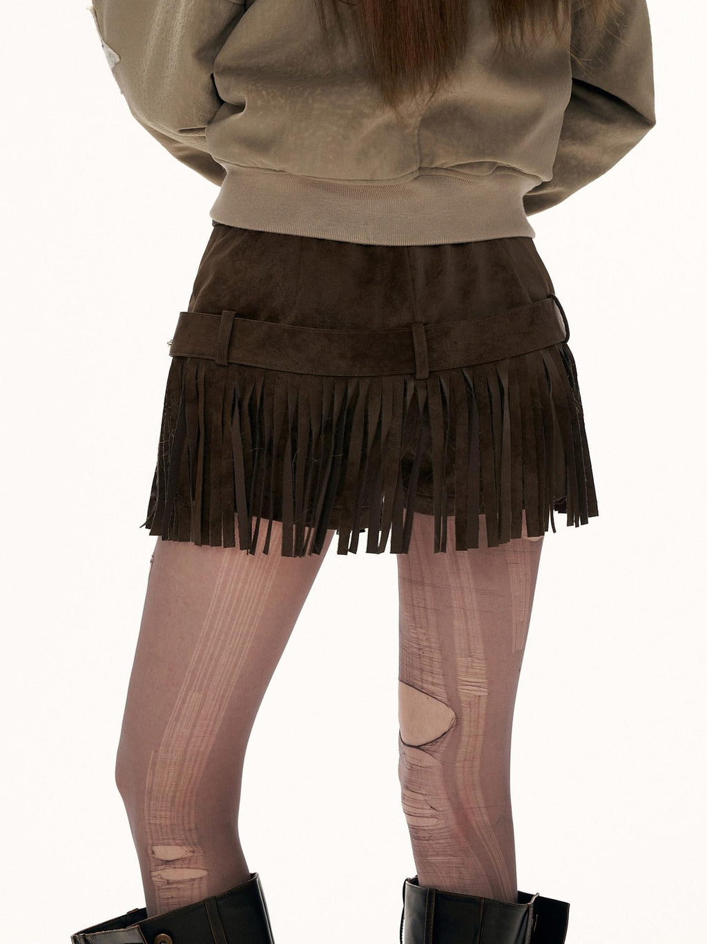 MAMC Fringe Detail Natural Waist Solid Brown Casual Women Straight Mini Shorts