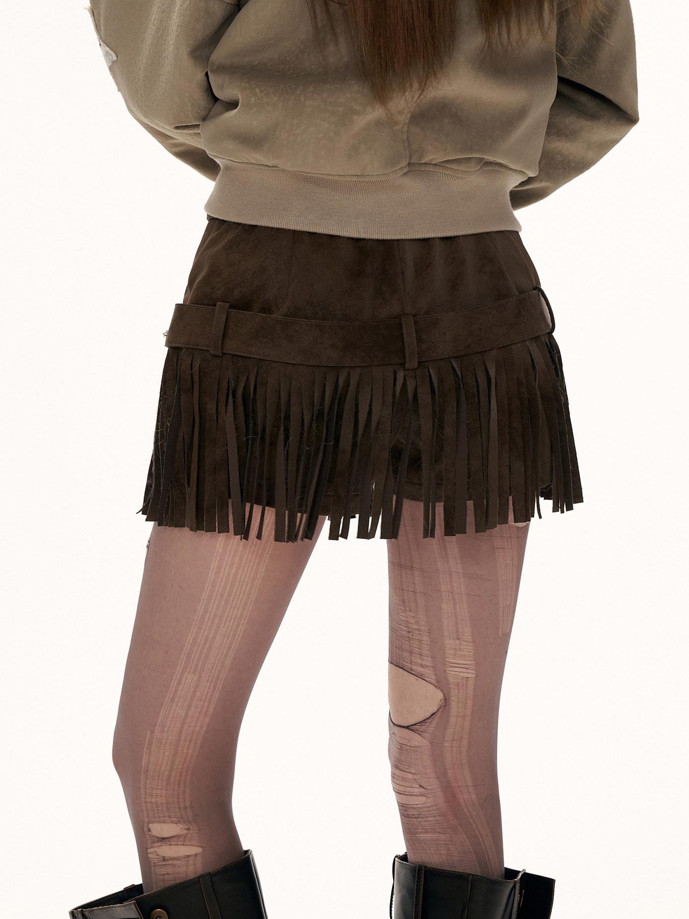 MAMC Fringe Detail Natural Waist Solid Brown Casual Women Straight Mini Shorts