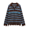 MAMC_Fringe_Detail_Oversized_Striped_Polo_Collar_Buttoned_Casual_Women_Knit_Sweaters_MISSTT