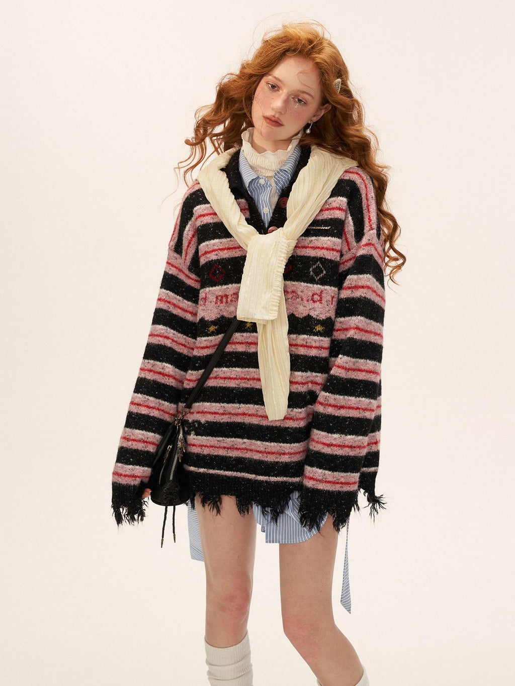 MAMC Fringe Detail Oversized Striped Polo Collar Buttoned Casual Women Knit Sweaters