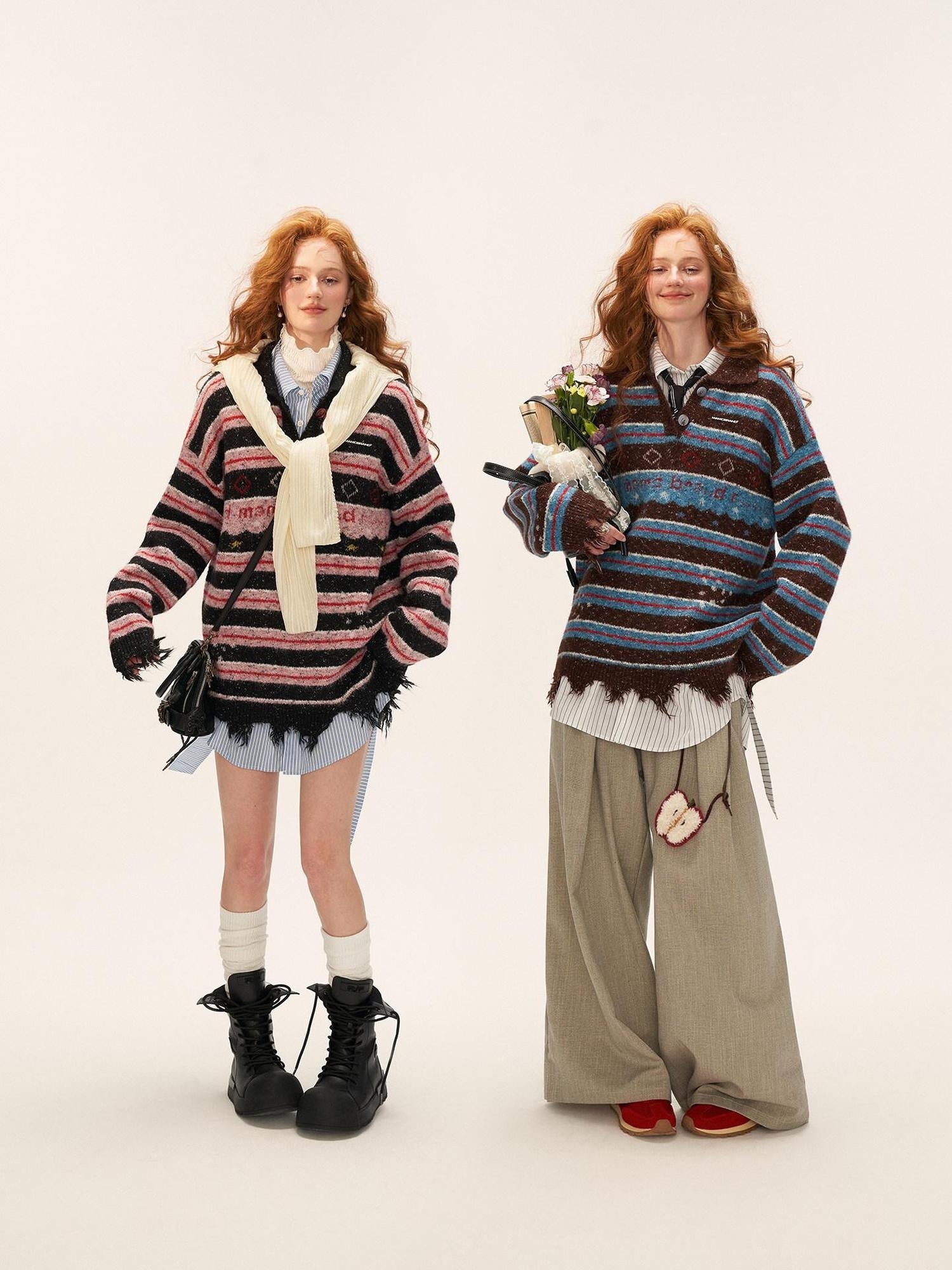 MAMC Fringe Detail Oversized Striped Polo Collar Buttoned Casual Women Knit Sweaters