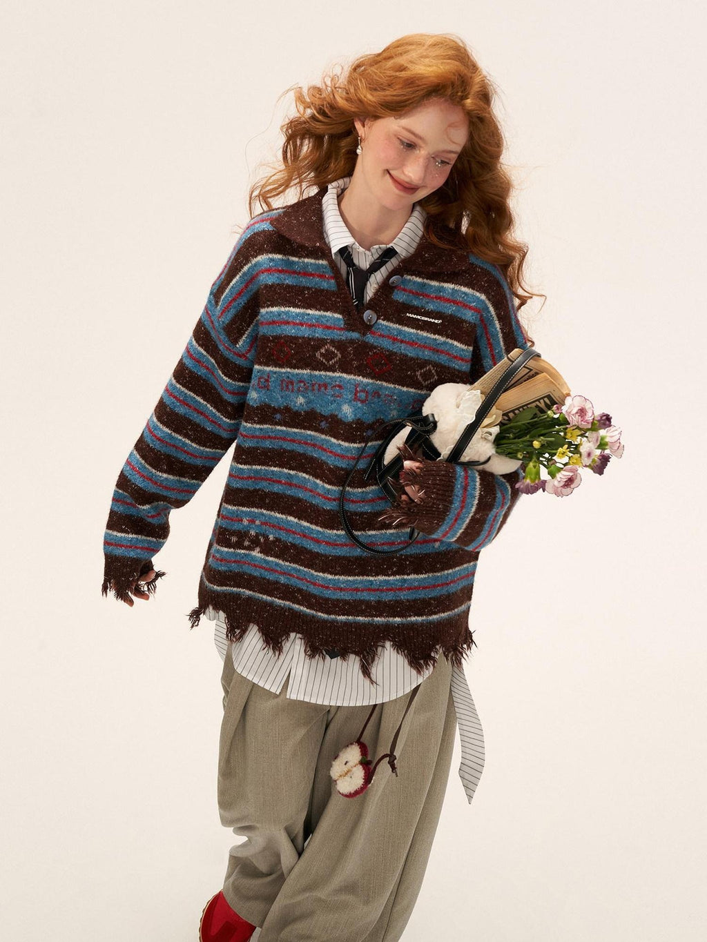 MAMC Fringe Detail Oversized Striped Polo Collar Buttoned Casual Women Knit Sweaters