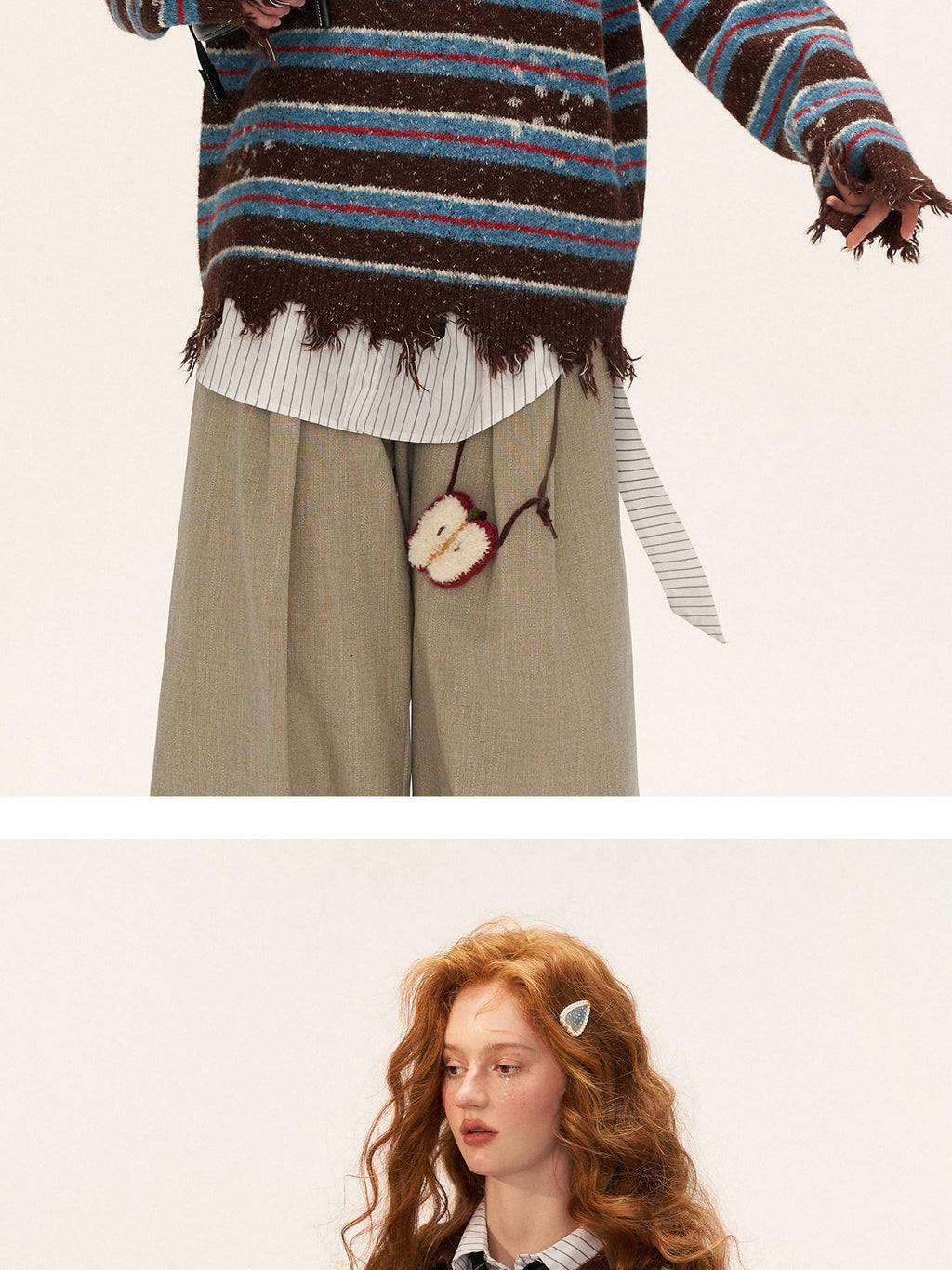 MAMC Fringe Detail Oversized Striped Polo Collar Buttoned Casual Women Knit Sweaters