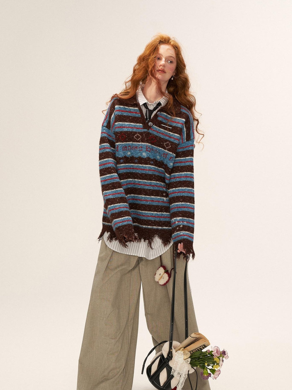 MAMC Fringe Detail Oversized Striped Polo Collar Buttoned Casual Women Knit Sweaters
