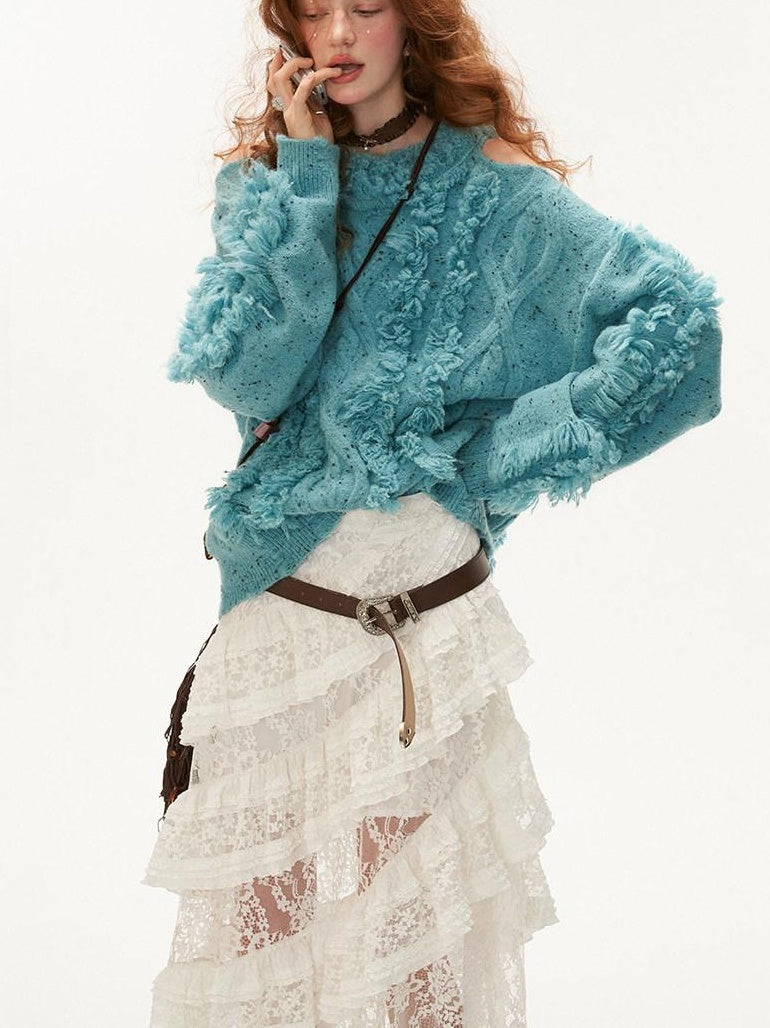 MAMC Fringe Oversized Minimal Office Round Neck Longsleeve Acrylic Wool Knitwear