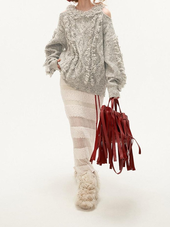 MAMC Fringe Oversized Minimal Office Round Neck Longsleeve Acrylic Wool Knitwear