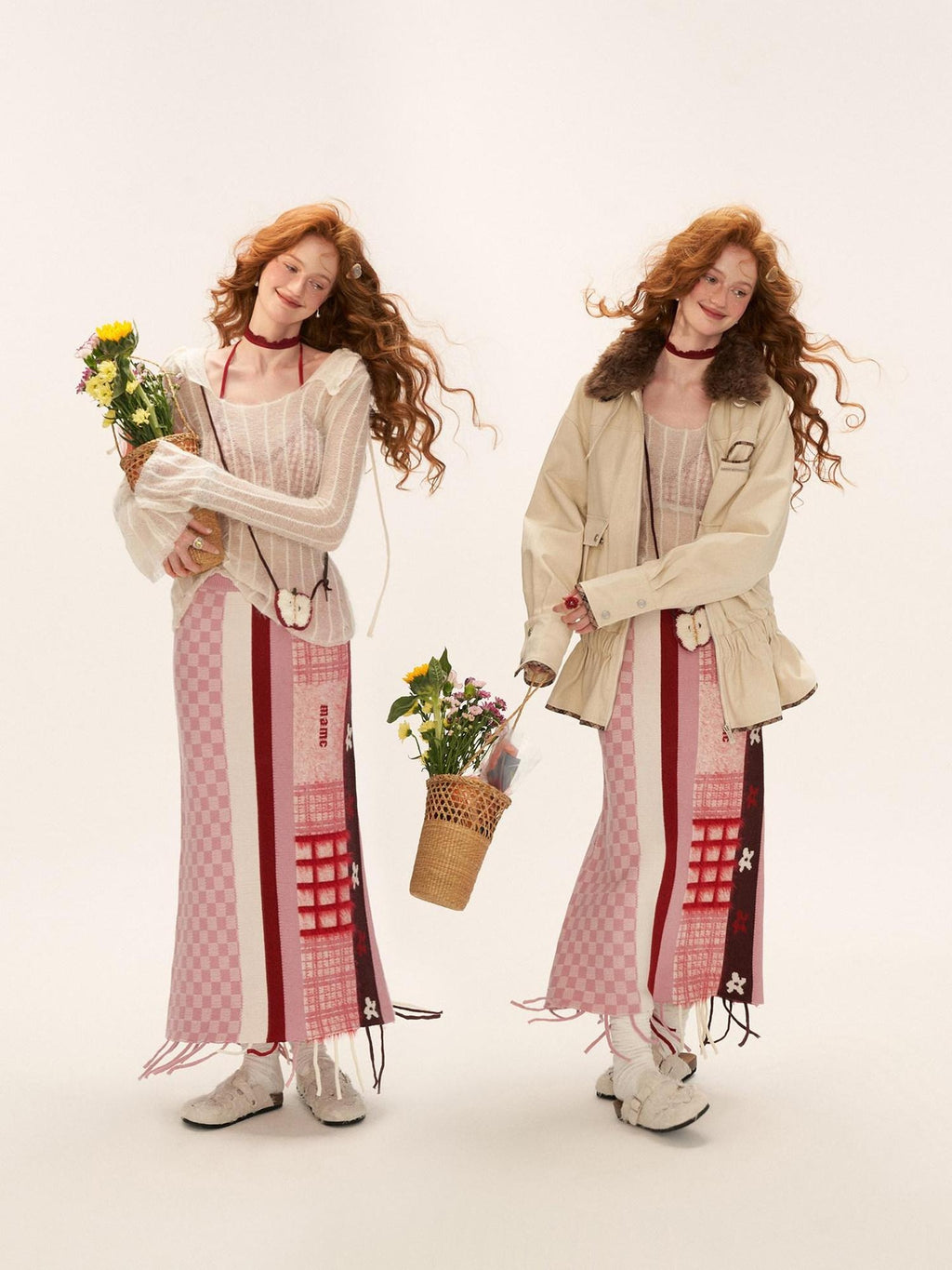 MAMC Fringe Patchwork Sweet Princess Mid Waist Slim Pink Acrylic Date Maxi Skirts