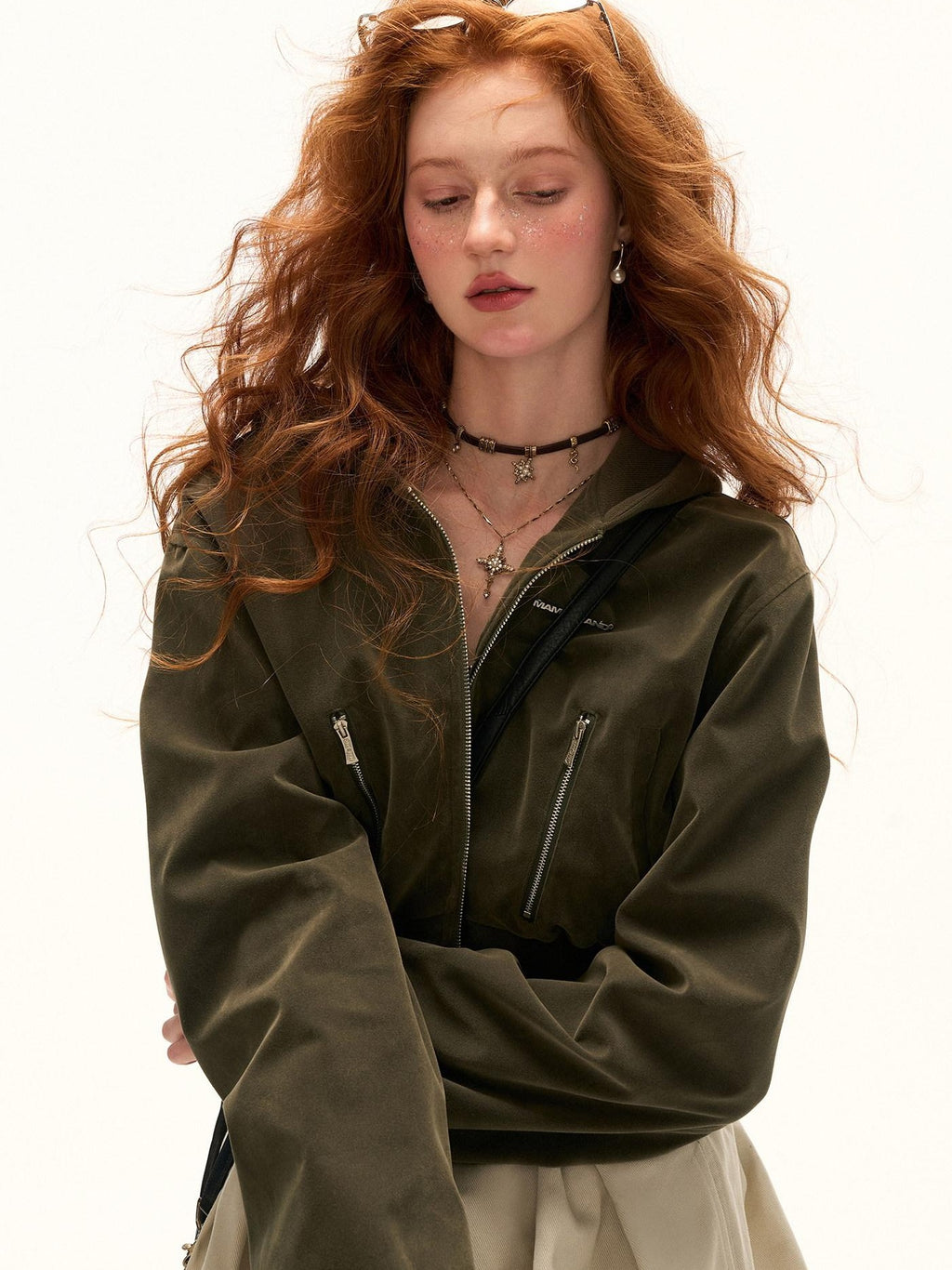 MAMC Green Pu Hooded Vintage Standard Fit Women Zippered Pockets Cropped Jackets