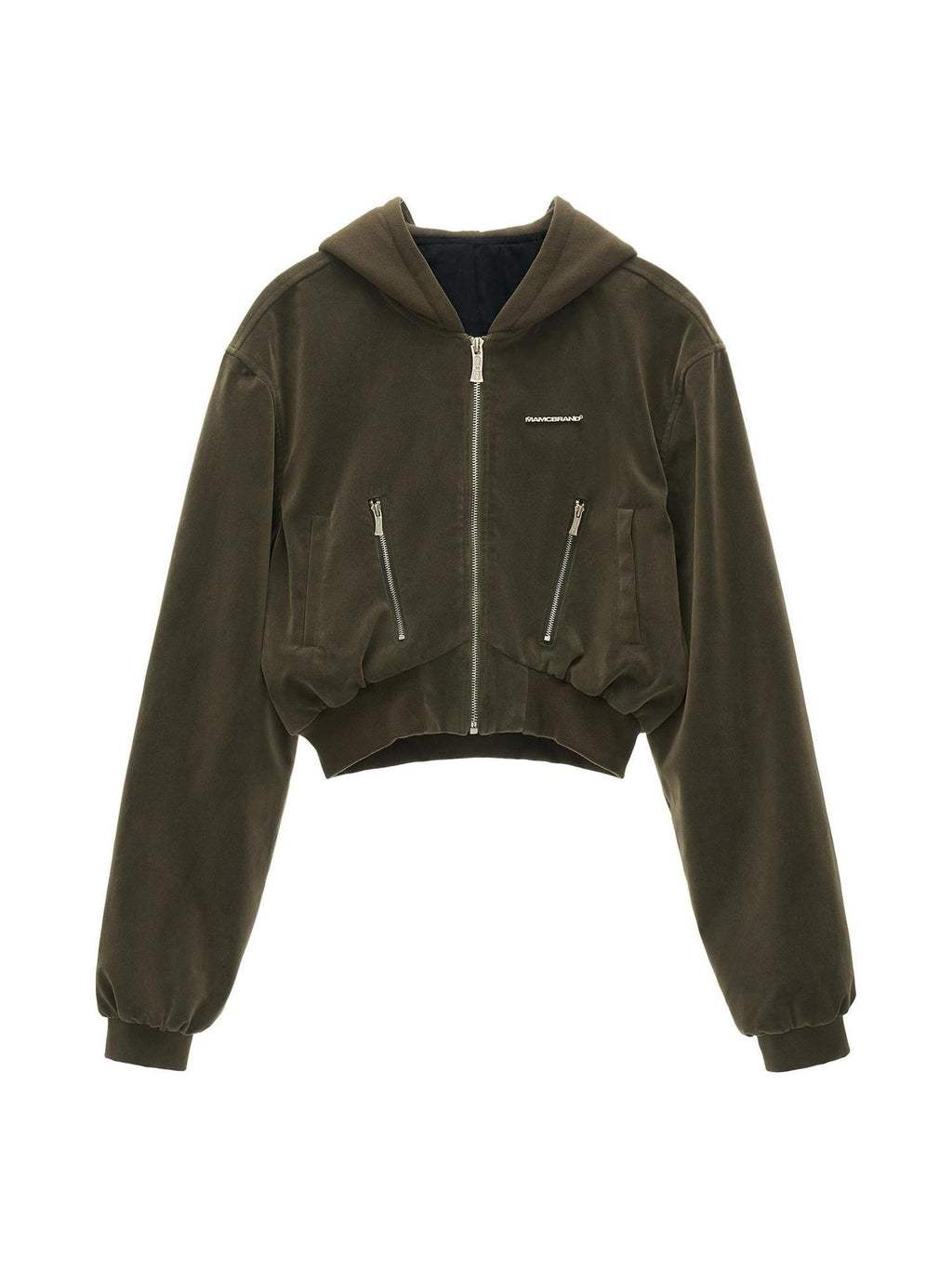 MAMC Green Pu Hooded Vintage Standard Fit Women Zippered Pockets Cropped Jackets