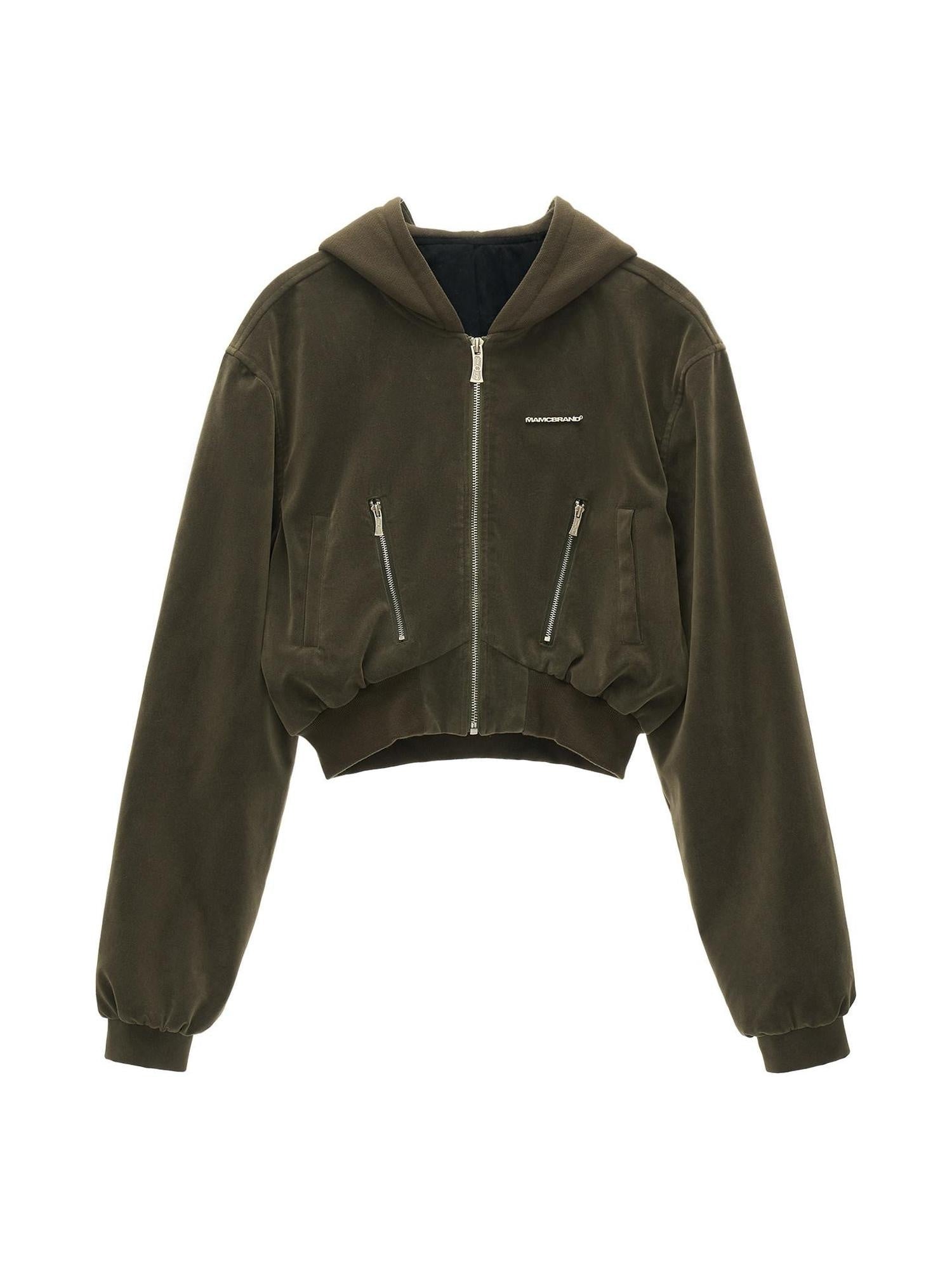 MAMC Green Pu Hooded Vintage Standard Fit Women Zippered Pockets Cropped Jackets