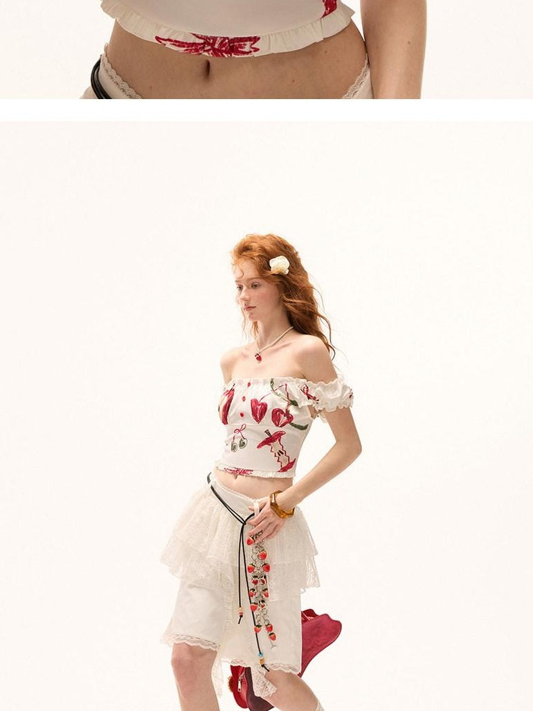 MAMC Handpainted Print Slim Fit Cropped Casual Women Polyester White Tube Tops