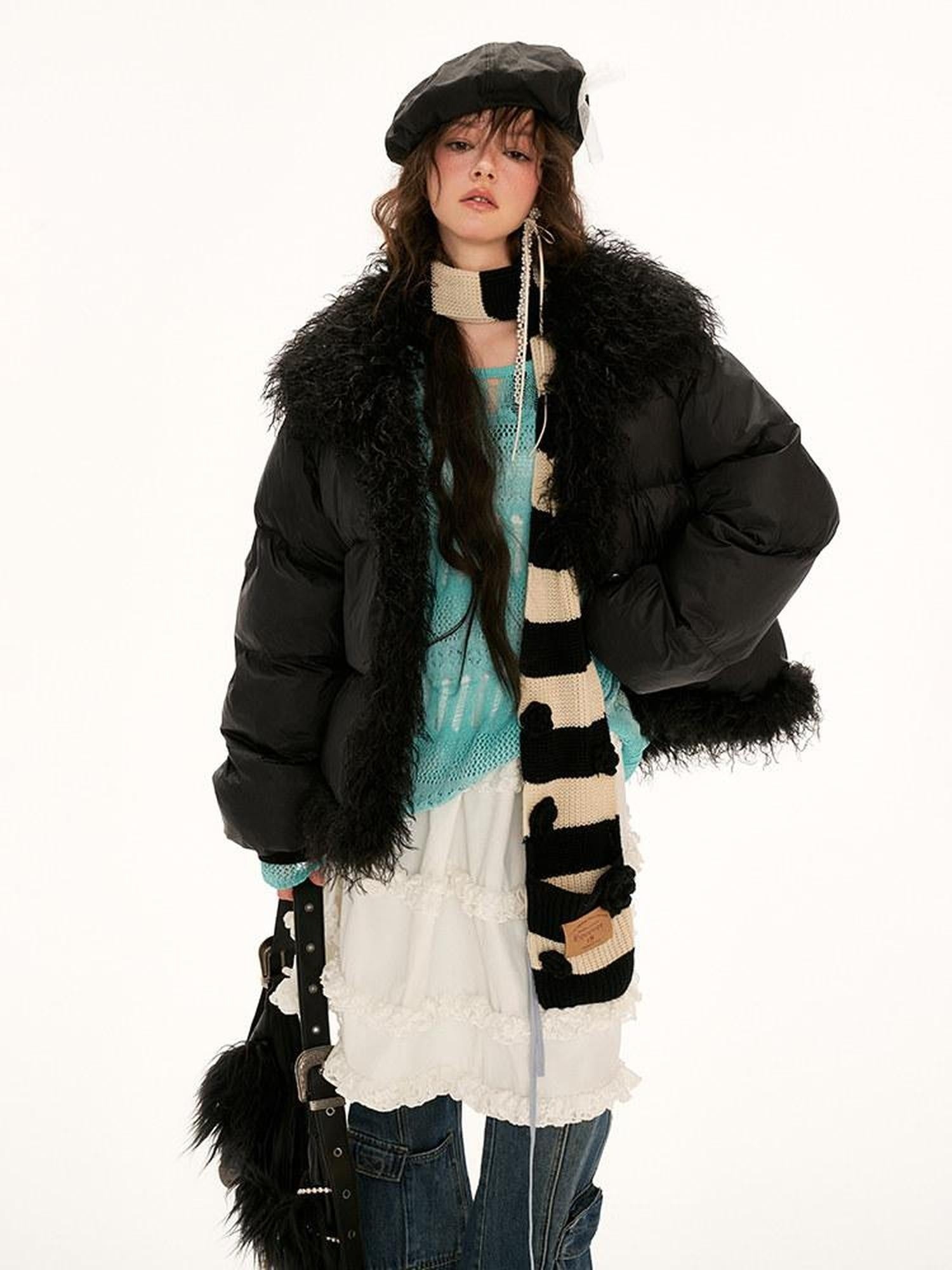 MAMC High Collar Patchwork Loose Fit Commuter Solid Black One Button Puffer Jackets