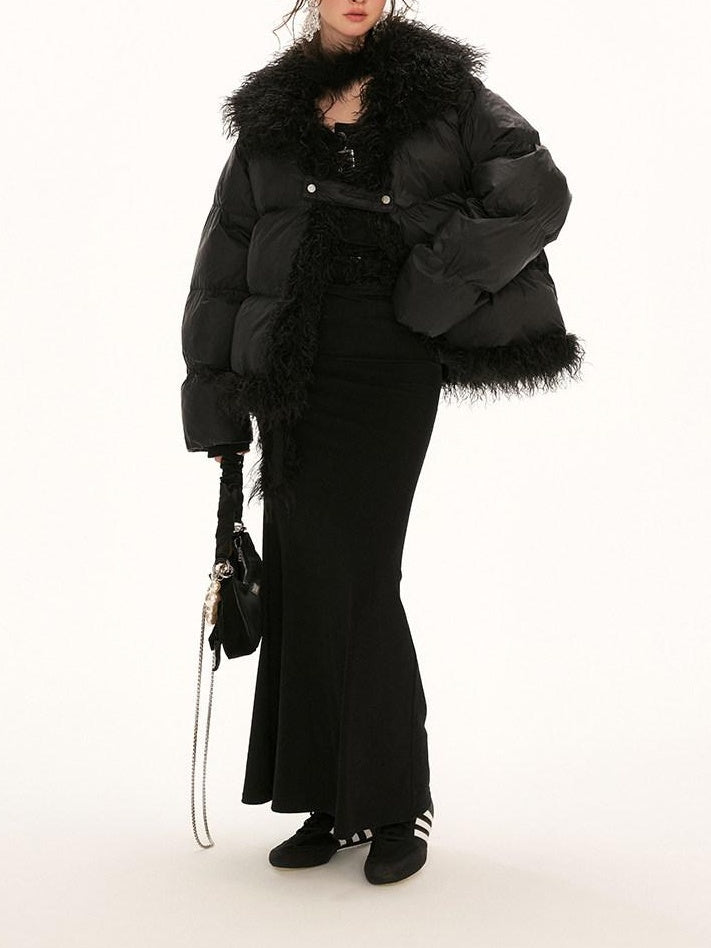 MAMC High Collar Patchwork Loose Fit Commuter Solid Black One Button Puffer Jackets