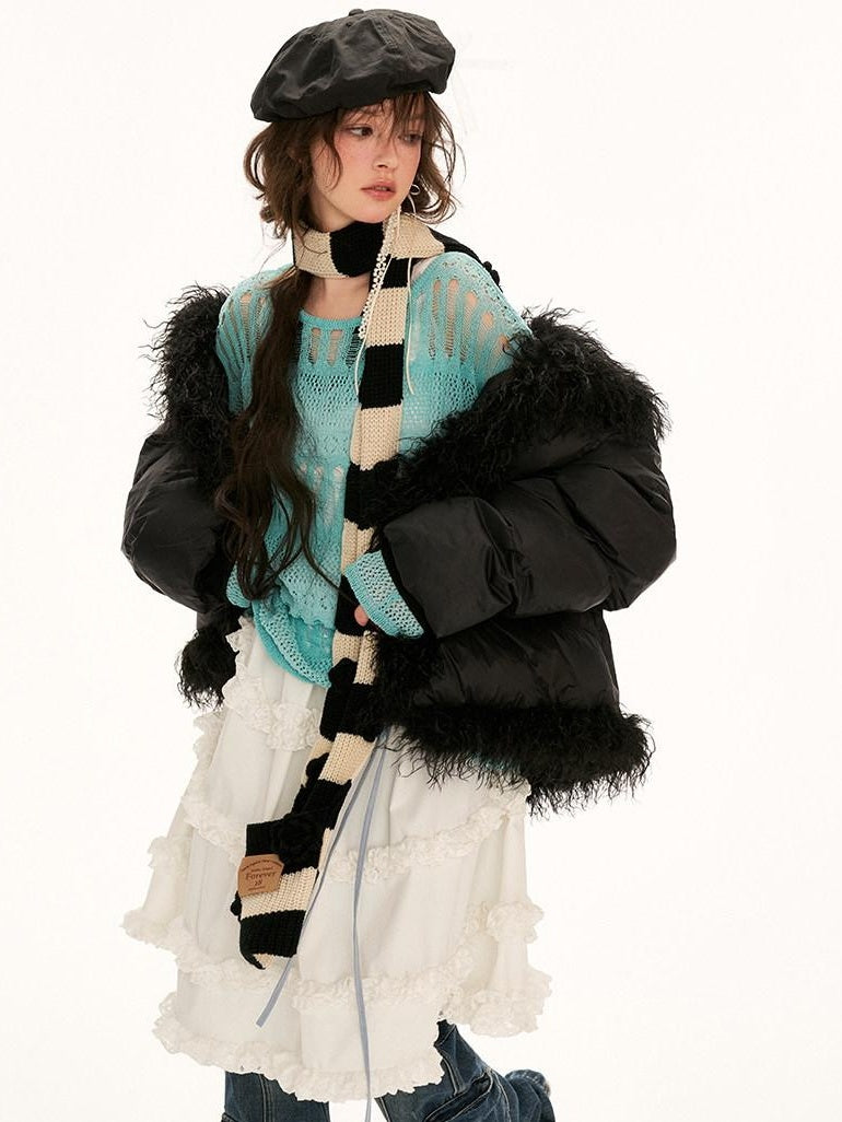 MAMC High Collar Patchwork Loose Fit Commuter Solid Black One Button Puffer Jackets