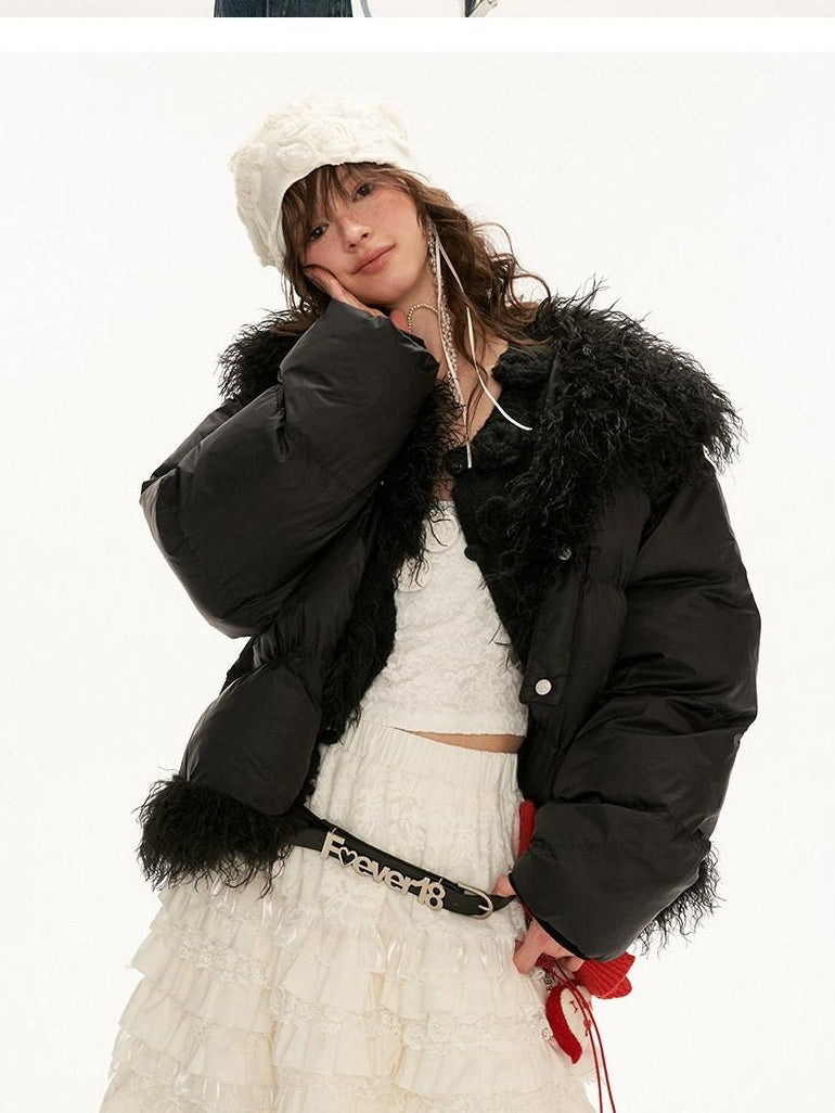 MAMC High Collar Patchwork Loose Fit Commuter Solid Black One Button Puffer Jackets