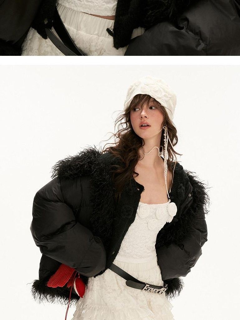 MAMC High Collar Patchwork Loose Fit Commuter Solid Black One Button Puffer Jackets