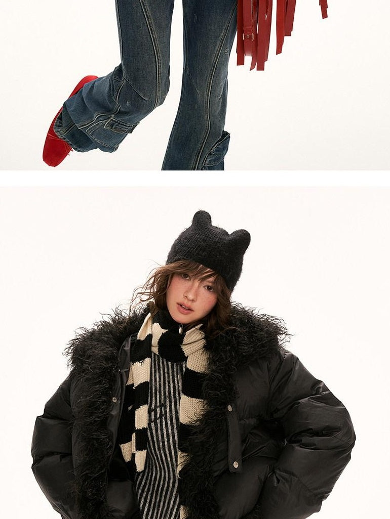 MAMC High Collar Patchwork Loose Fit Commuter Solid Black One Button Puffer Jackets