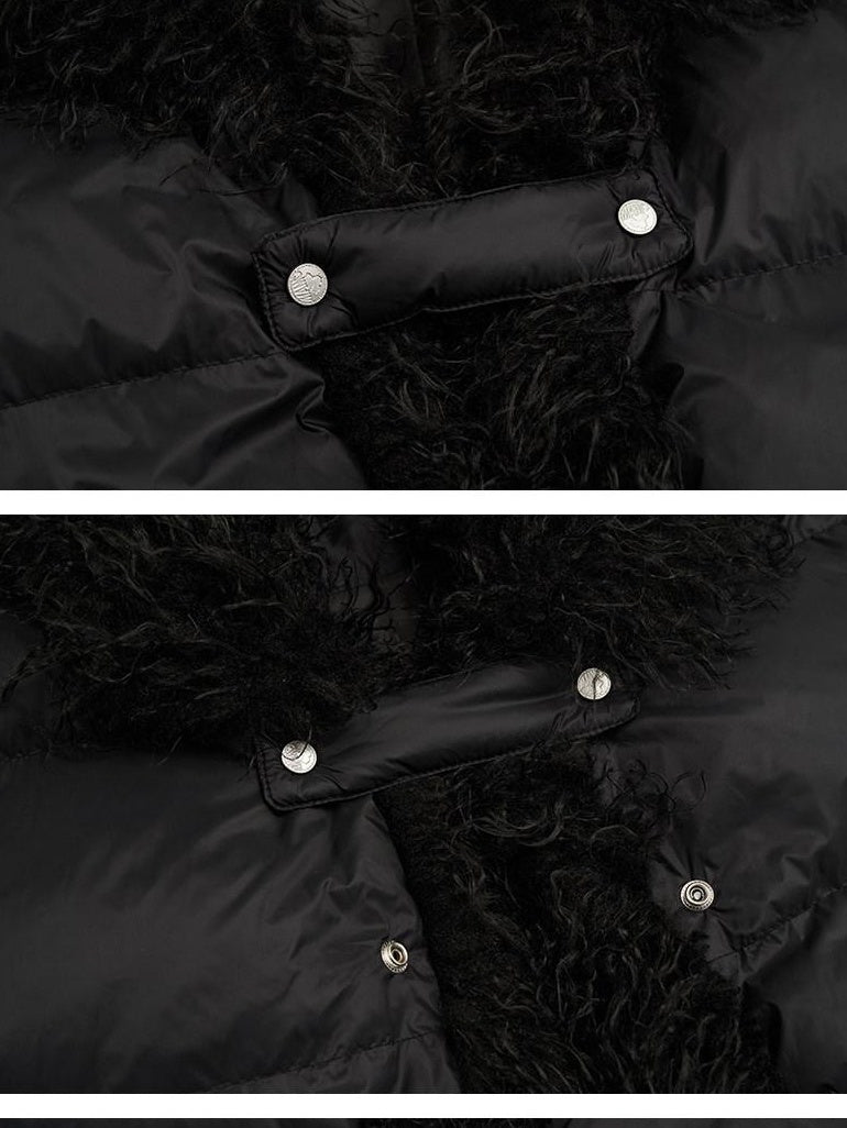 MAMC High Collar Patchwork Loose Fit Commuter Solid Black One Button Puffer Jackets
