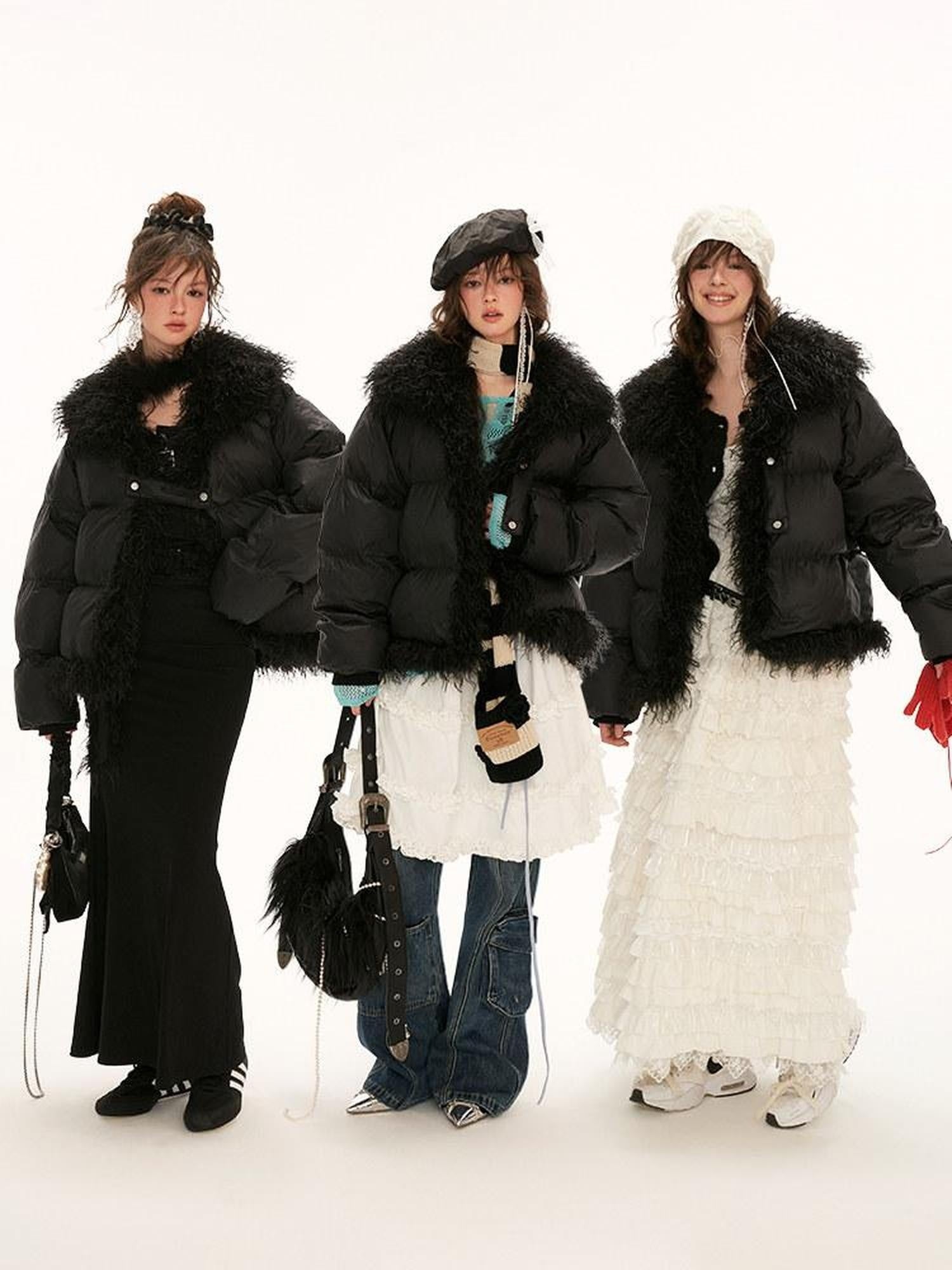 MAMC High Collar Patchwork Loose Fit Commuter Solid Black One Button Puffer Jackets