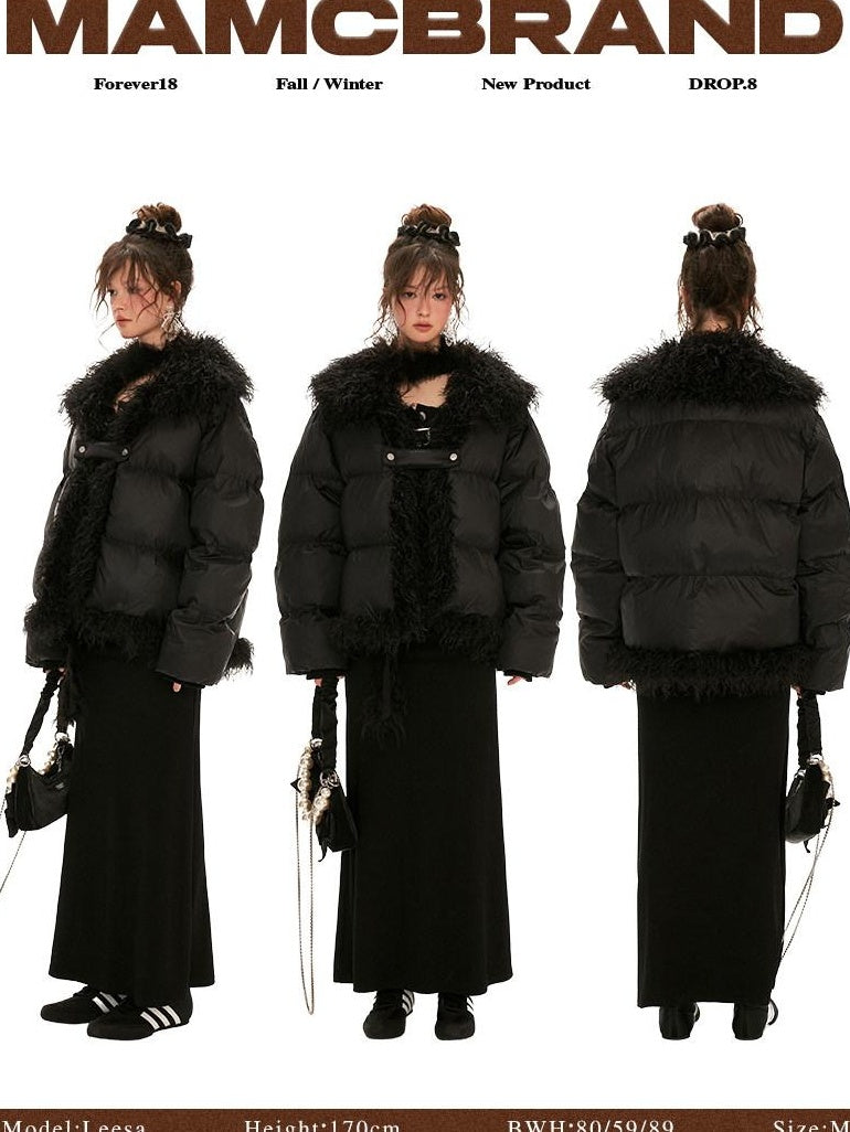 MAMC High Collar Patchwork Loose Fit Commuter Solid Black One Button Puffer Jackets