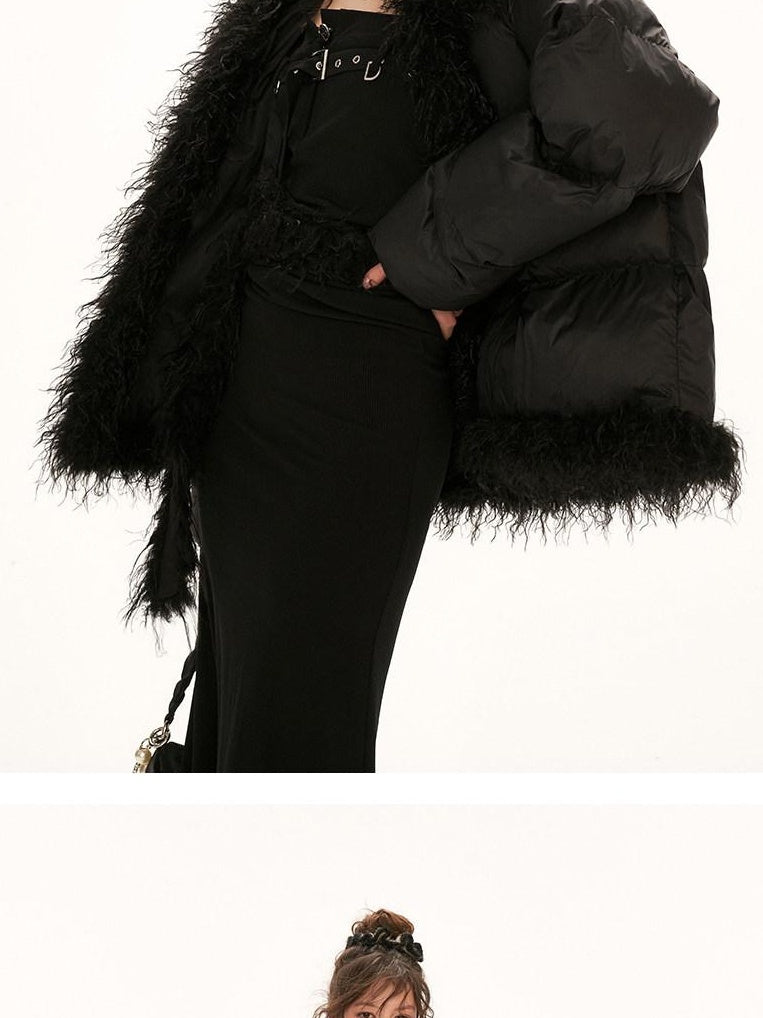 MAMC High Collar Patchwork Loose Fit Commuter Solid Black One Button Puffer Jackets