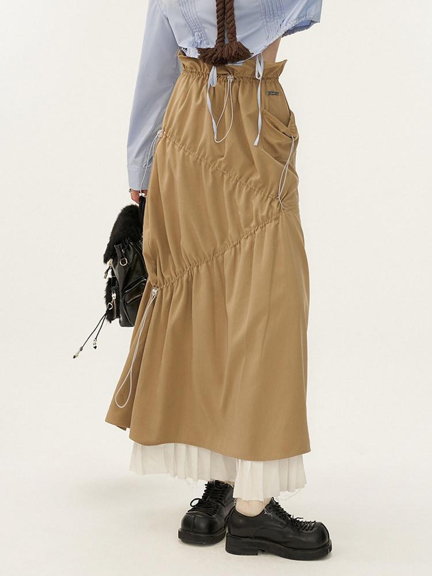 MAMC High Waist A Line Office Chic Polyester Solid Color Khaki Black Maxi Skirts