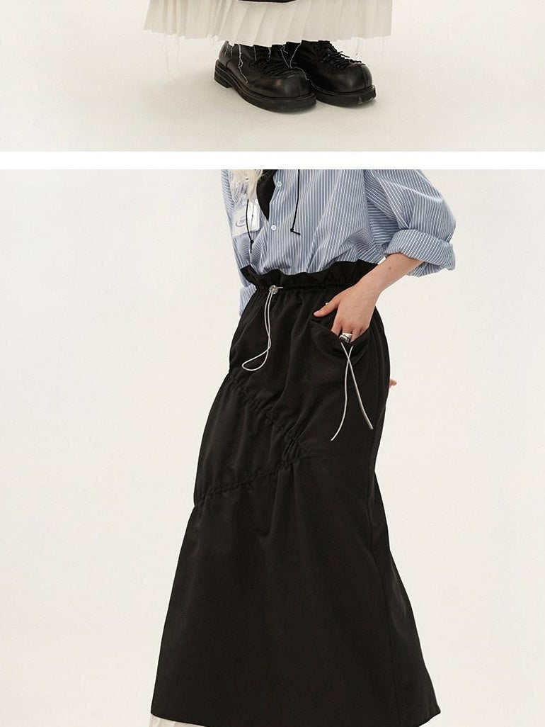 MAMC High Waist A Line Office Chic Polyester Solid Color Khaki Black Maxi Skirts