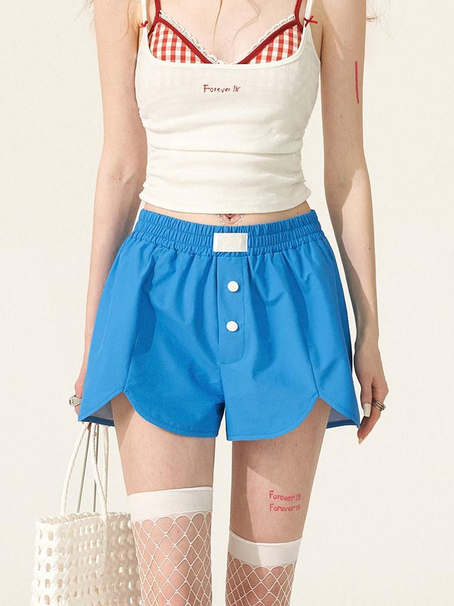 MAMC High Waist Button Detail Minimal Versatile Wide Leg Loose Blue Mid-Length Shorts