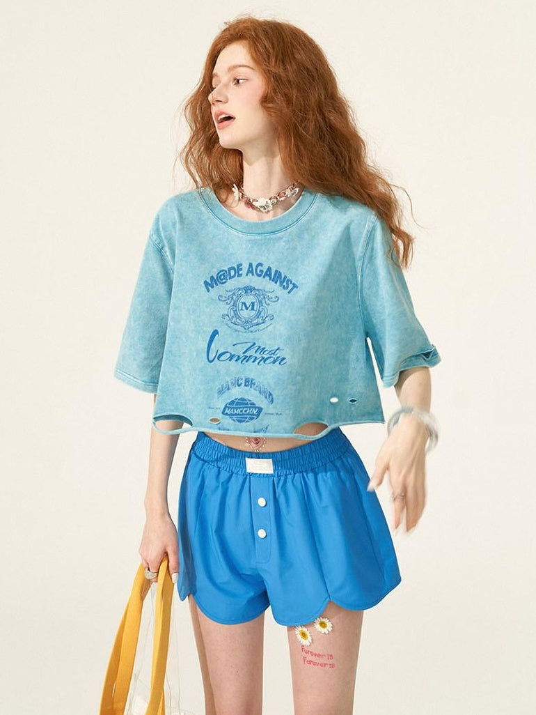 MAMC High Waist Button Detail Minimal Versatile Wide Leg Loose Blue Mid-Length Shorts