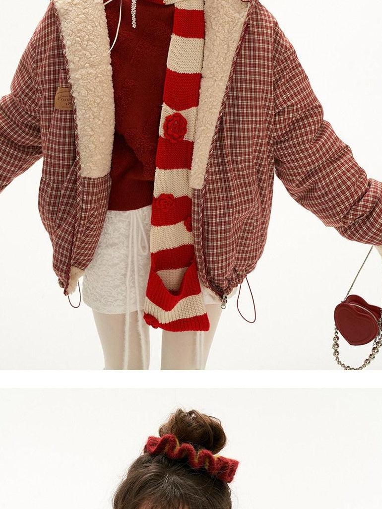 MAMC Hooded Zip Plaid Loose Minimal Commuter Young Adult Red Polyester Puffer Jackets