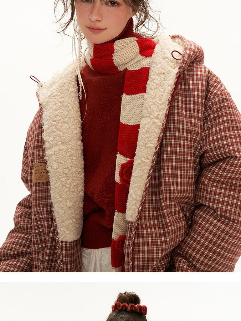 MAMC Hooded Zip Plaid Loose Minimal Commuter Young Adult Red Polyester Puffer Jackets