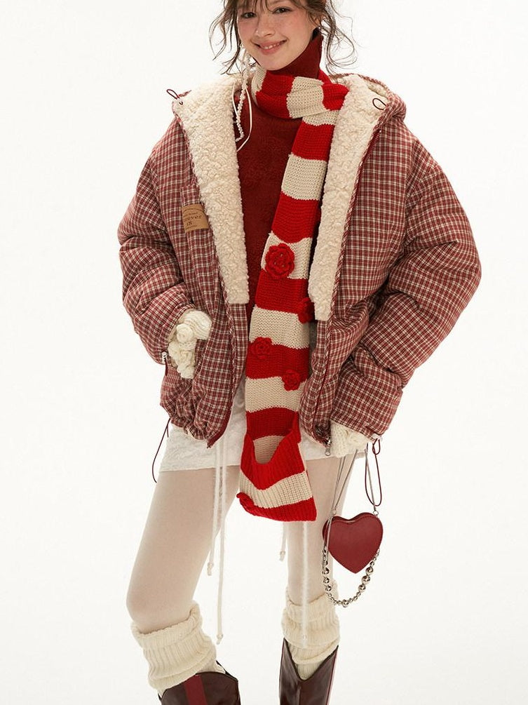 MAMC Hooded Zip Plaid Loose Minimal Commuter Young Adult Red Polyester Puffer Jackets