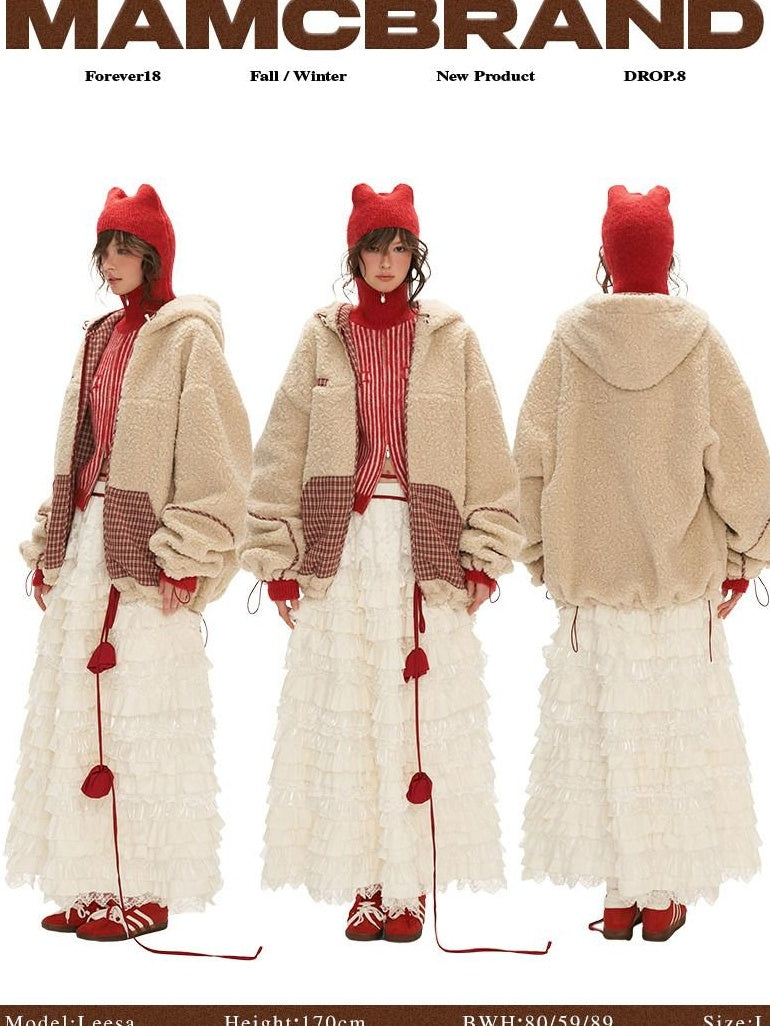 MAMC Hooded Zip Plaid Loose Minimal Commuter Young Adult Red Polyester Puffer Jackets