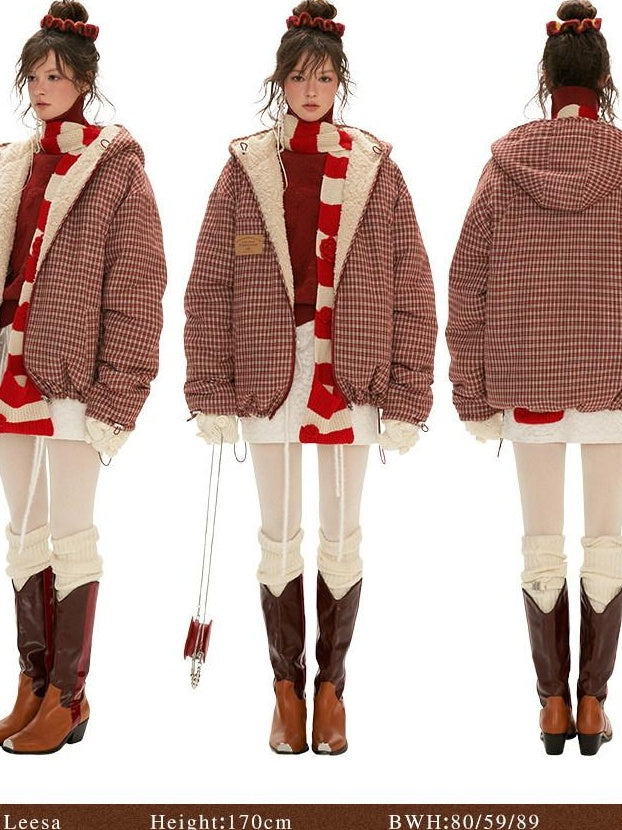 MAMC Hooded Zip Plaid Loose Minimal Commuter Young Adult Red Polyester Puffer Jackets