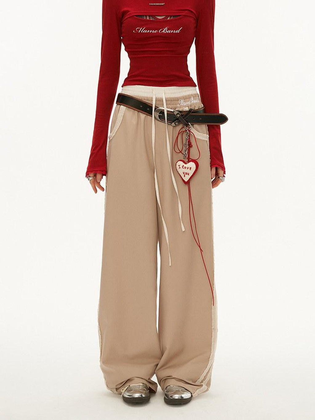 MAMC Khaki Minimal Office Wide Leg Natural Waist Poly Viscose Straight Pants