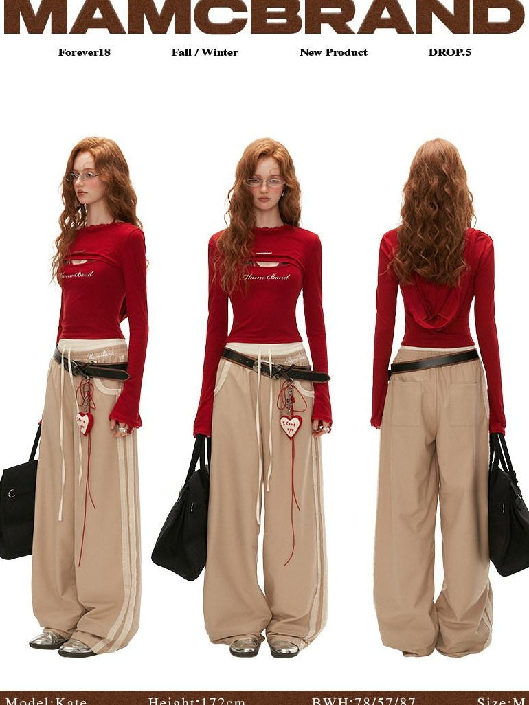 MAMC Khaki Minimal Office Wide Leg Natural Waist Poly Viscose Straight Pants