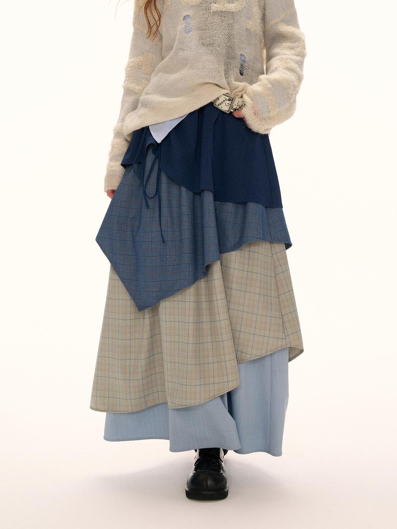MAMC Layered Casual Loose Mid Waist Flowy Fairy Women Blue Gray Maxi Skirts