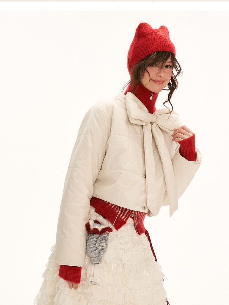 MAMC Lightweight Cropped Straight Cute Princess Round Neck White Puffer Jackets