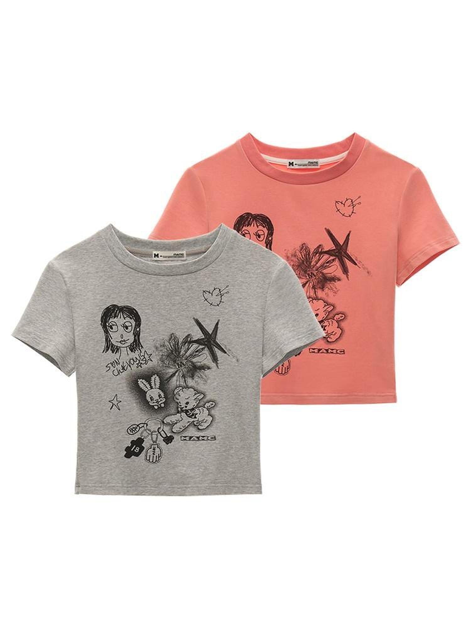 MAMC Moisture Wicking Cute Slim Fit Cartoon Print Short Sleeve Basic Crop Tops