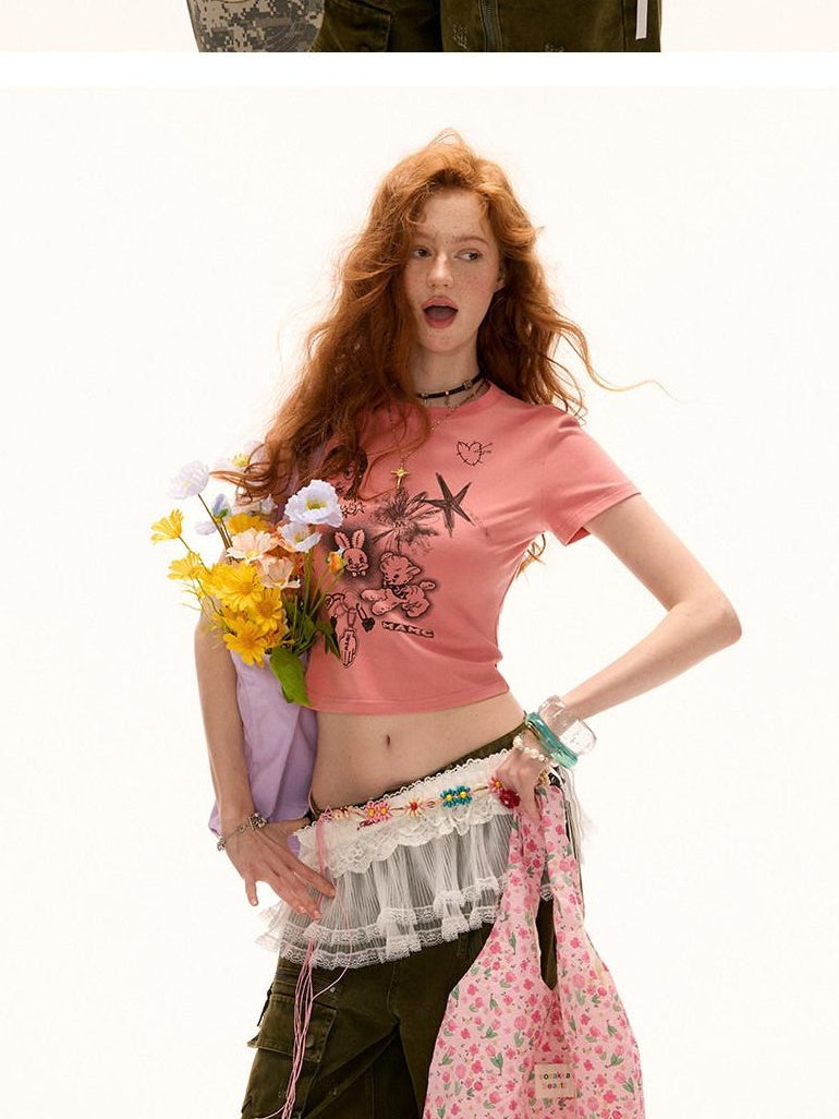 MAMC Moisture Wicking Cute Slim Fit Cartoon Print Short Sleeve Basic Crop Tops