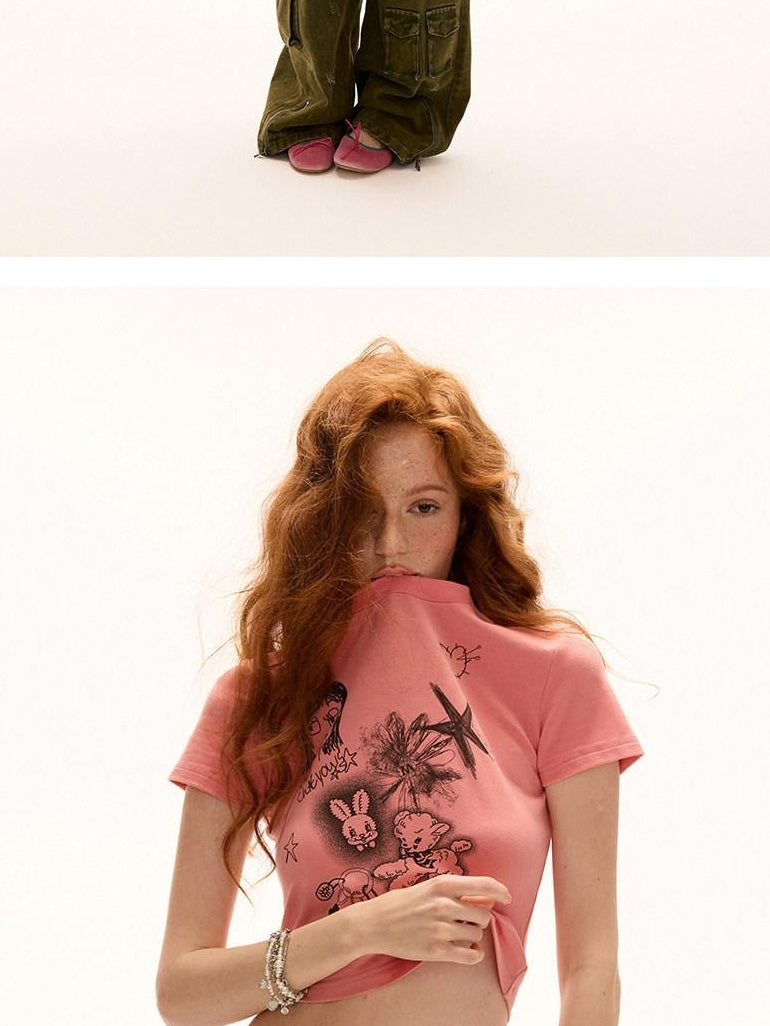 MAMC Moisture Wicking Cute Slim Fit Cartoon Print Short Sleeve Basic Crop Tops