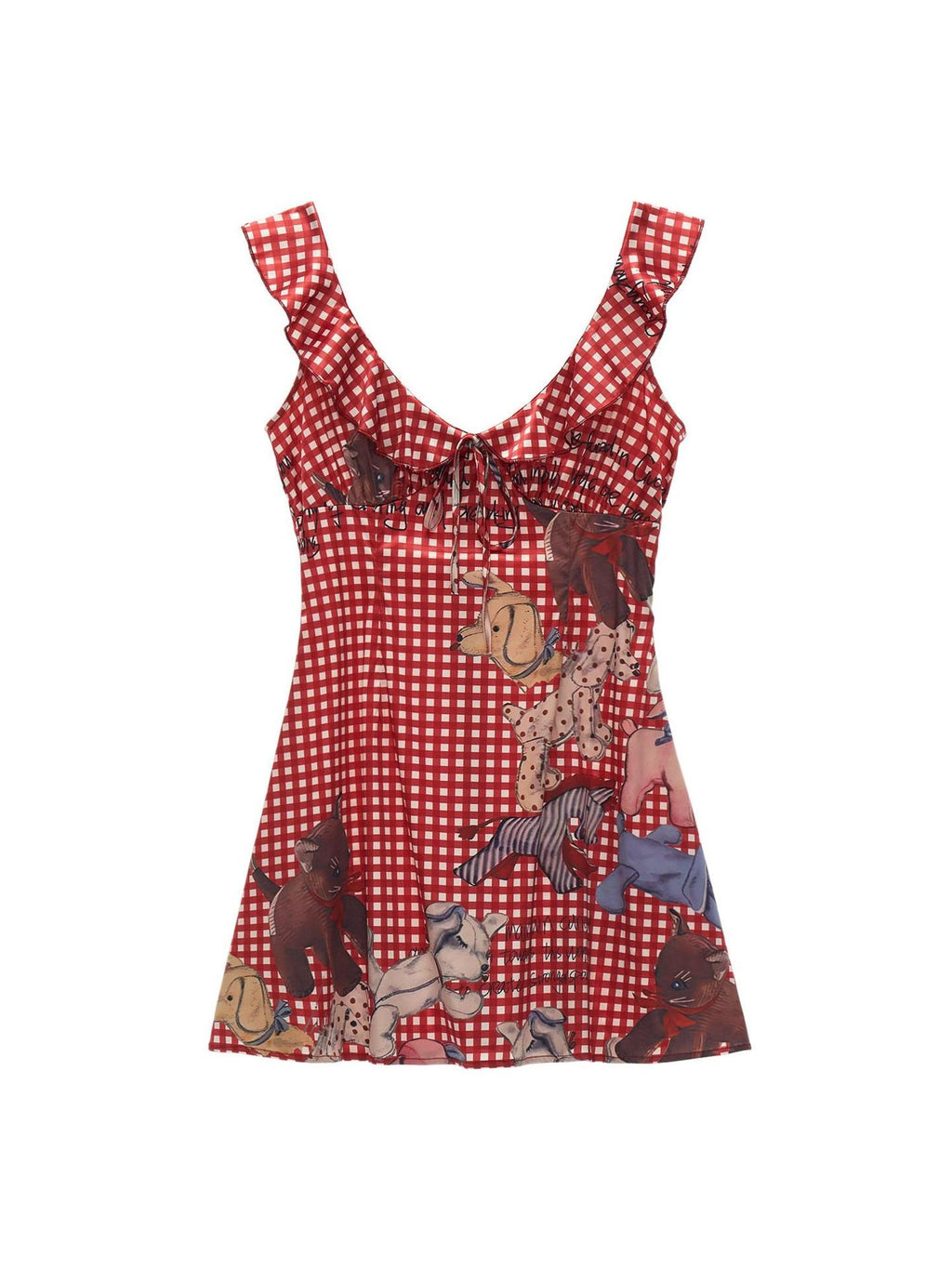 MAMC Natural Waist Aline Colorblock Plaid U Neck Sleeveless Red Mini Dresses