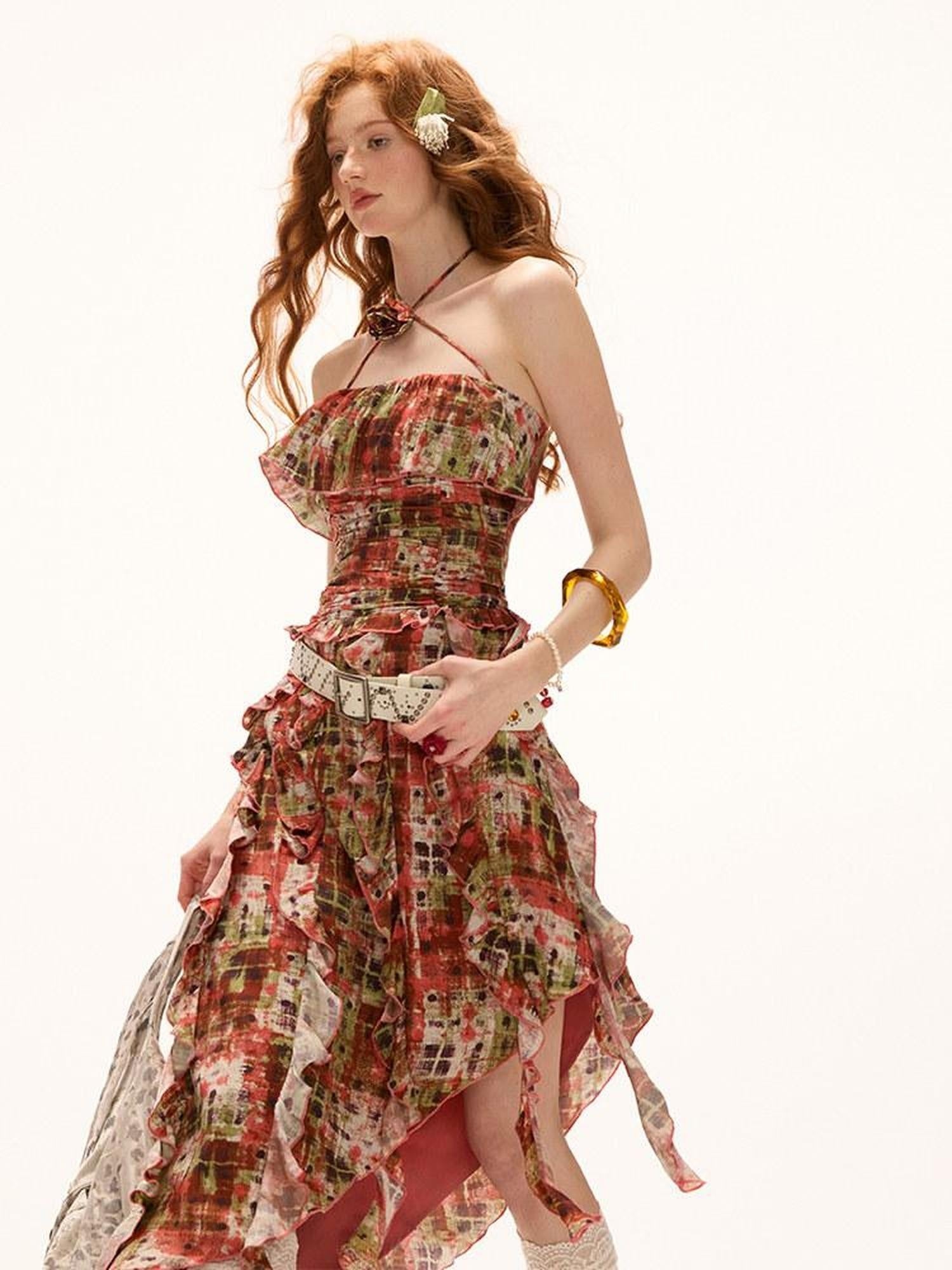 MAMC Orange Printed Asymmetrical Resort Sleeveless Cinched Waist Strappy Maxi Dresses