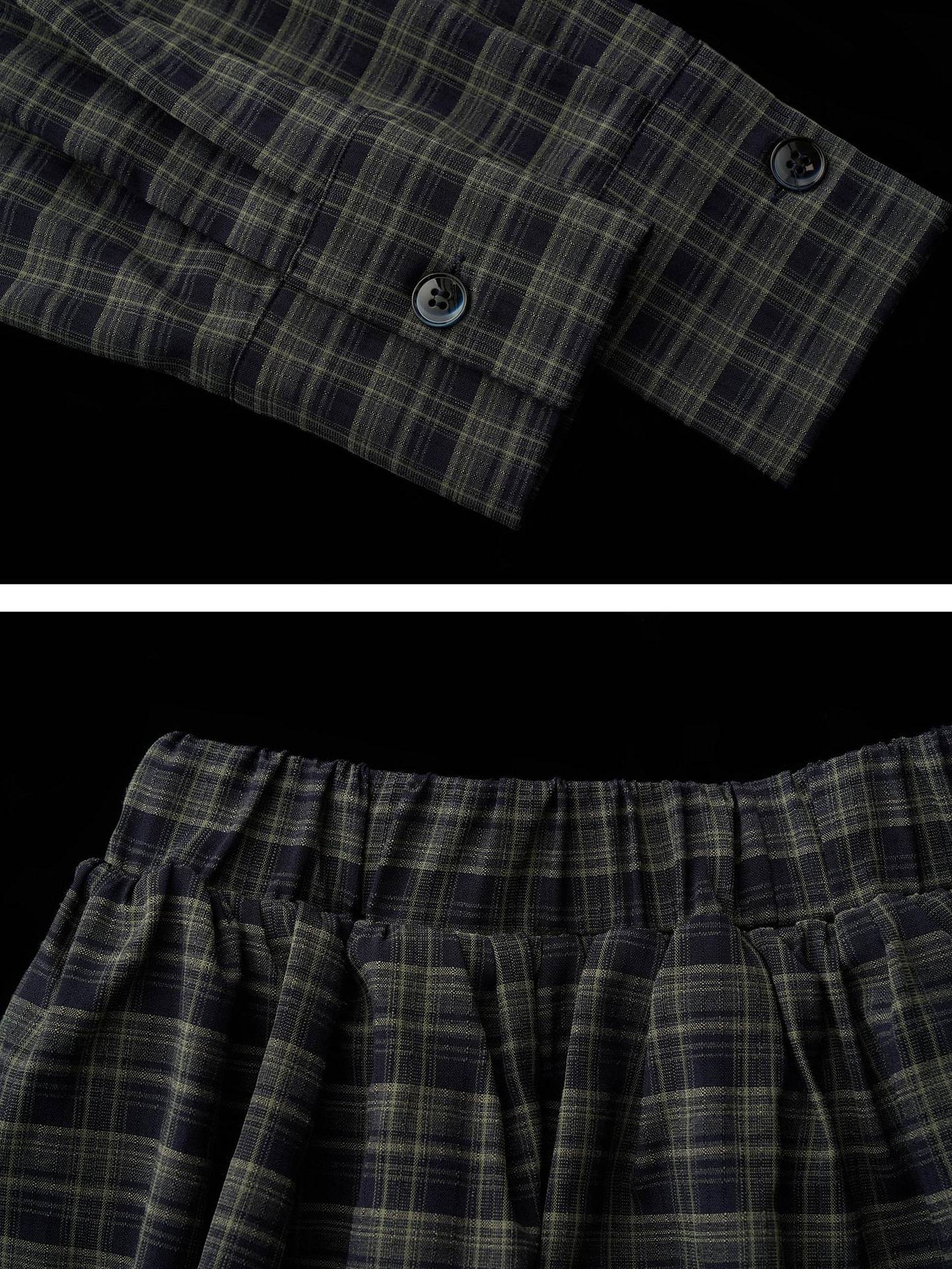 MAMC Polyester Stretch Plaid Long Sleeve Shirt Mini Skirt Women Top & Skirt Sets