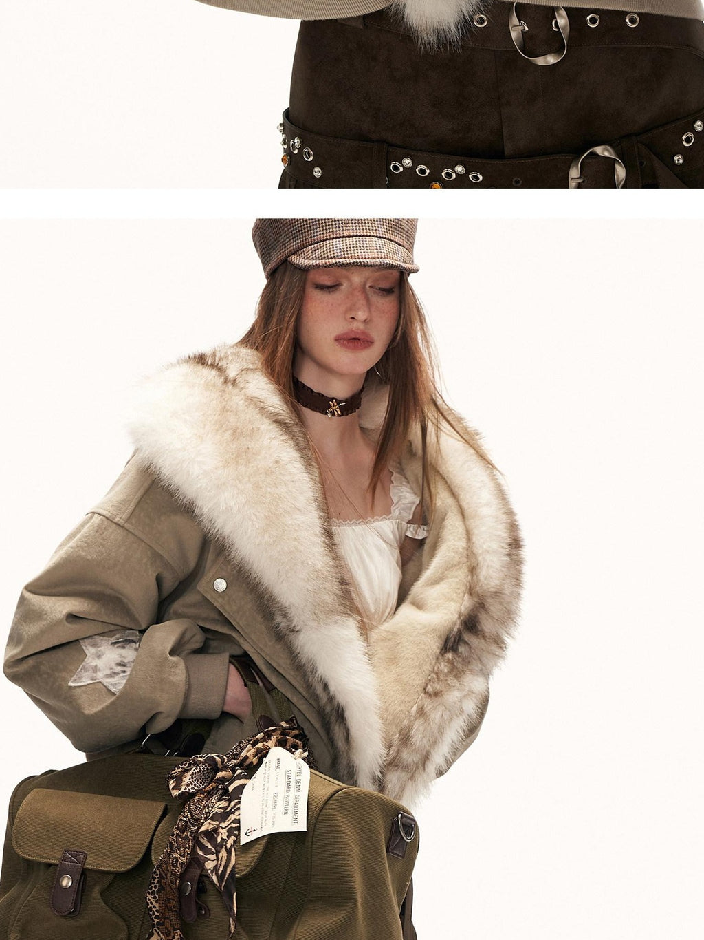 MAMC Pu Faux Layered Star Print Loose Commuter Lapel Button Side Pocket Women Jackets
