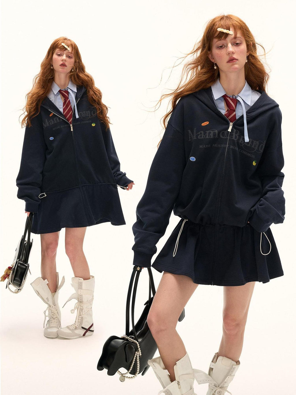 MAMC Pure Cotton Adjustable Waist Hooded Sweatshirt Zipper Women Casual Mini Dresses